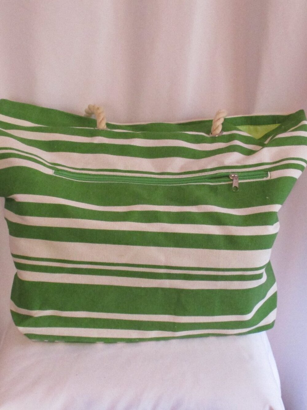 Cotton Tote Green Stripe Rope Handles Open